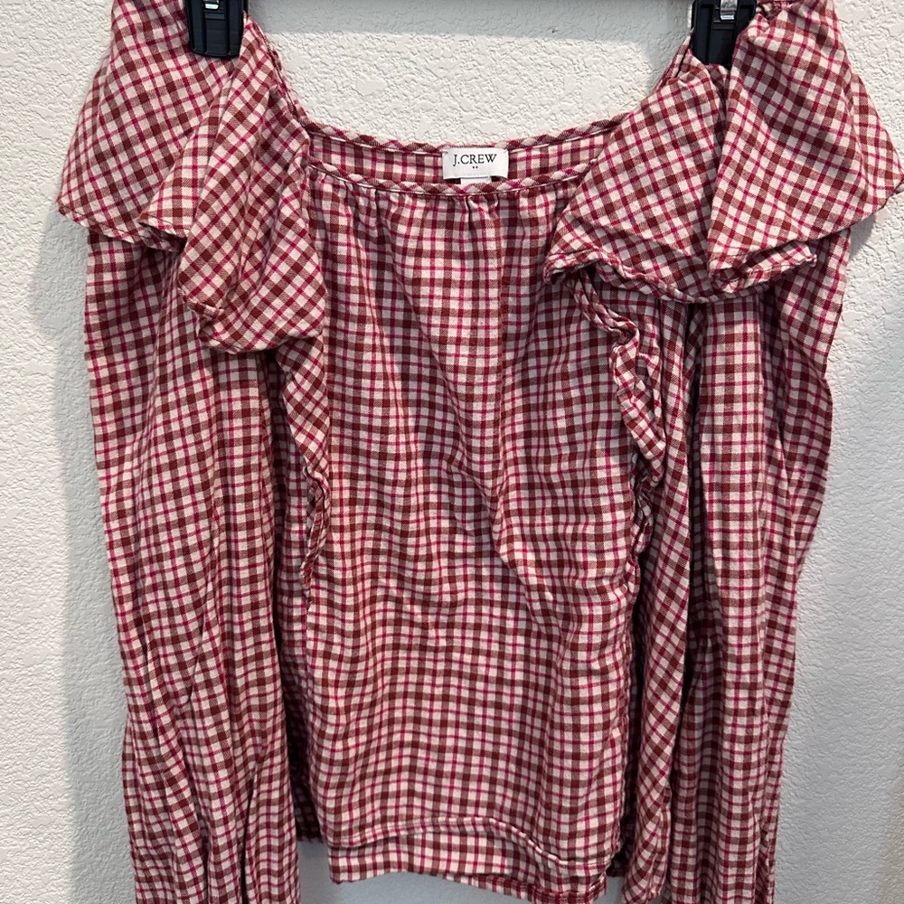 J. Crew Red Brown Plaid Ruffle Women's Square Neck Blouse - Picture 3 of 5